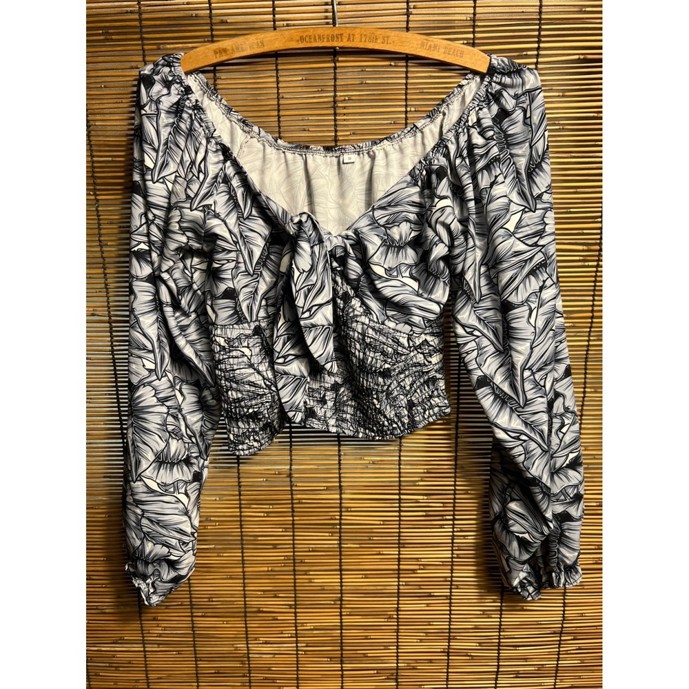 Tropical Leaf Print Off Shoulder Tie Front Smocked Crop Top Black White Small